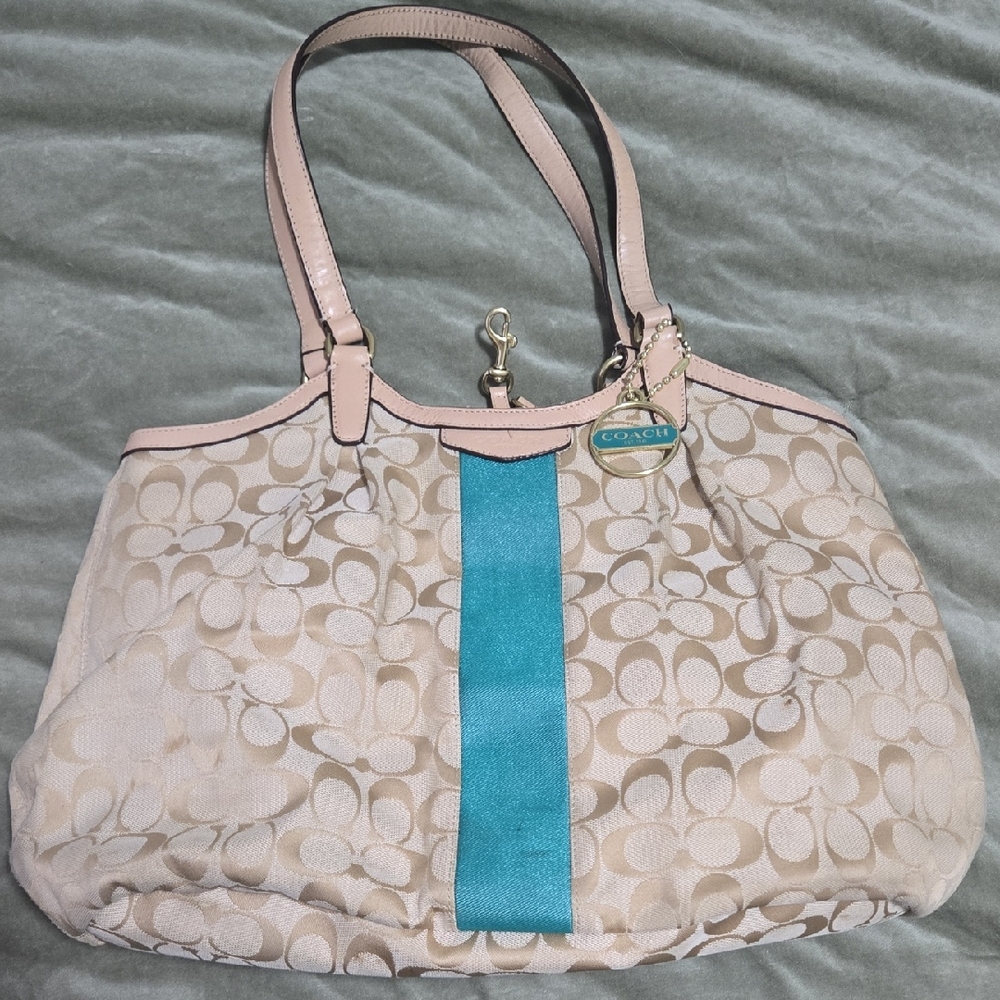 Coach Beige and Teal Shoulder Bag